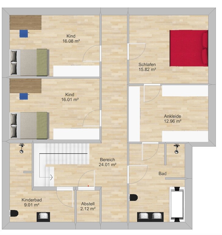 Floor plan of a house: Bedroom, walk-in closet, two children’s rooms, bathroom, area, storage room