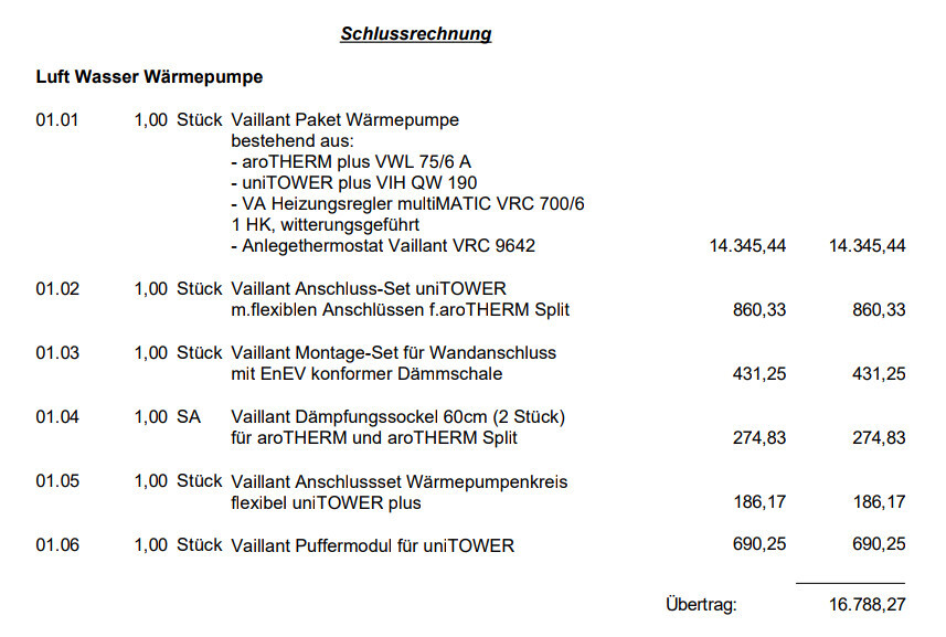 Final invoice: Air-to-water heat pump Vaillant heating system with components