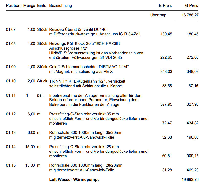 List of items with quantities, descriptions, and total price of a plumbing system.
