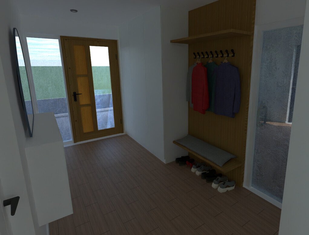 Hallway with cloakroom: coats, mirror, bench, shoes, and wooden door to the outside