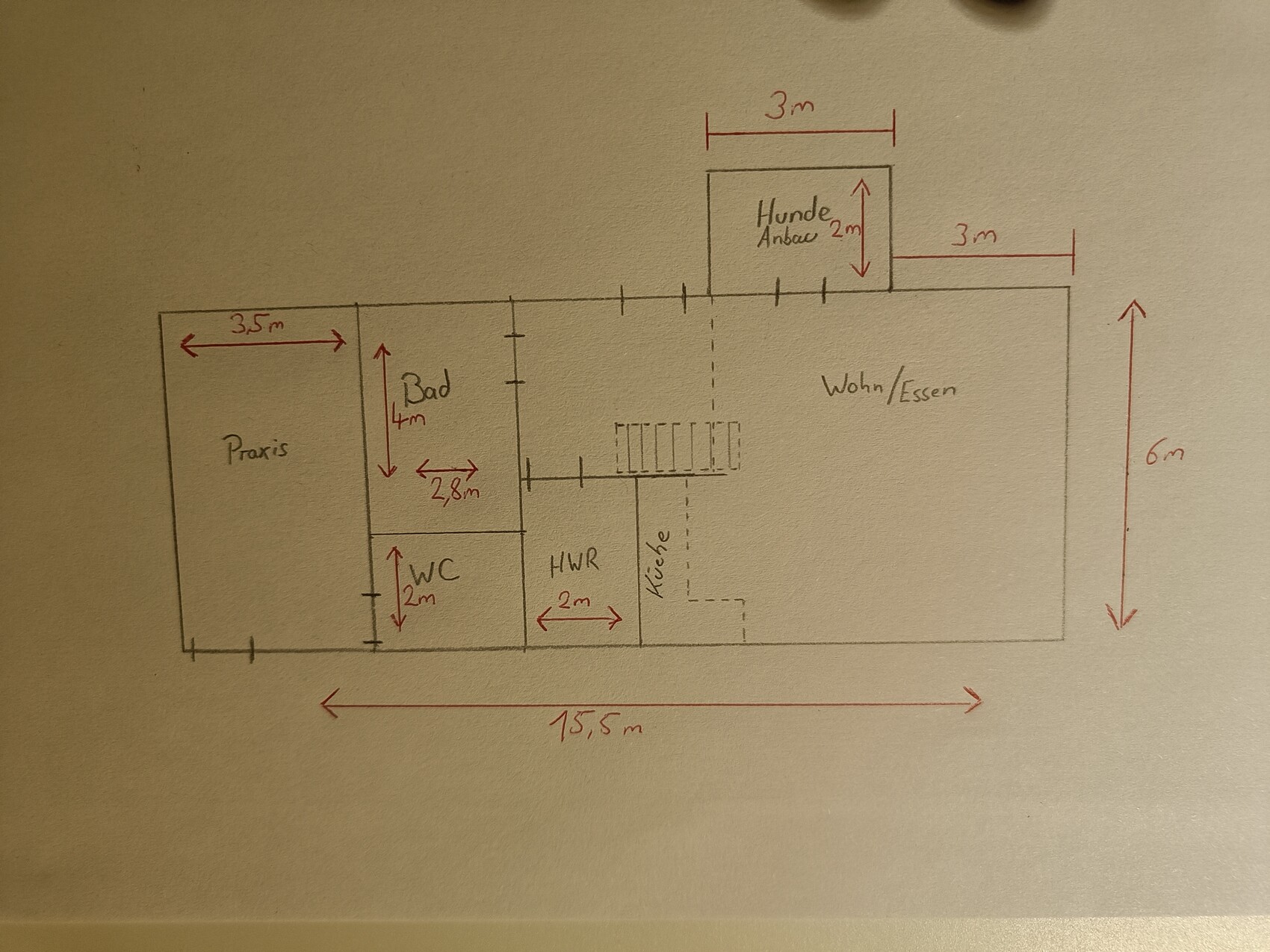Hand-drawn floor plan sketch with practice, bathroom, WC, utility room, kitchen, and living area
