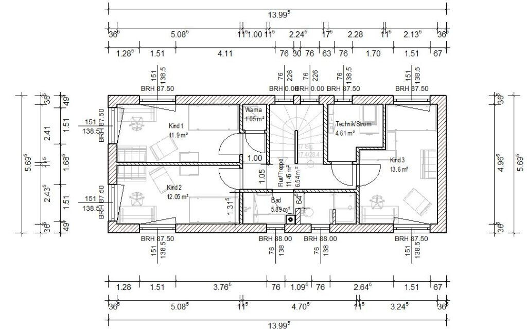 Floor plan of a house with 3 children's bedrooms, bathroom, technical/electrical room, laundry room, and hallway.