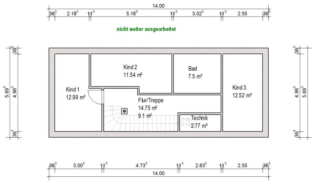 Floor plan of a rectangular house with 3 children's bedrooms, bathroom, technical room, and hallway/staircase.