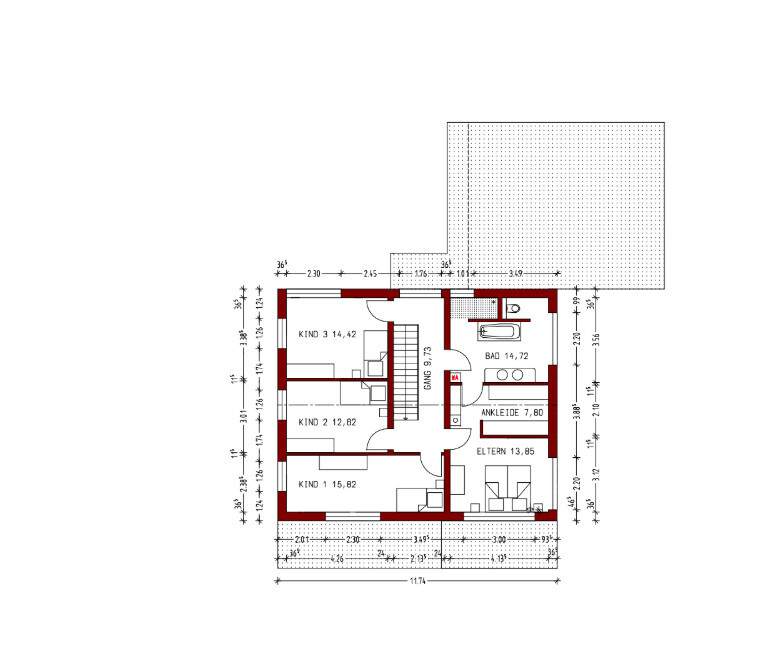 Upper floor plan with three children’s bedrooms, master bedroom, bathroom, walk-in closet, and corridor.