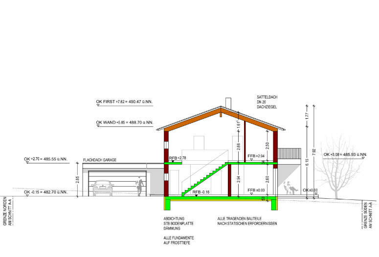 Cross-section of a residential house with garage, staircase, roof structure and foundations.