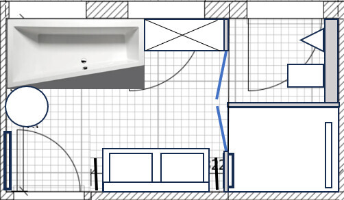Floor plan of a bathroom with a bathtub on the left, double sink at the bottom center, and door on the right.