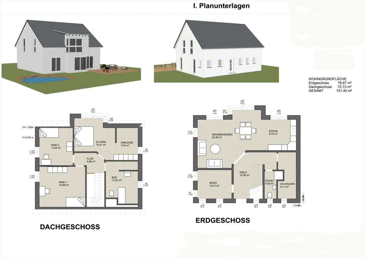 Two 3D house views with garden next to floor plans ground and roof floor