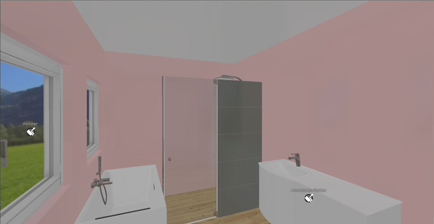 Bathroom with pink walls, bathtub, sink, shower, and window with a view of greenery.