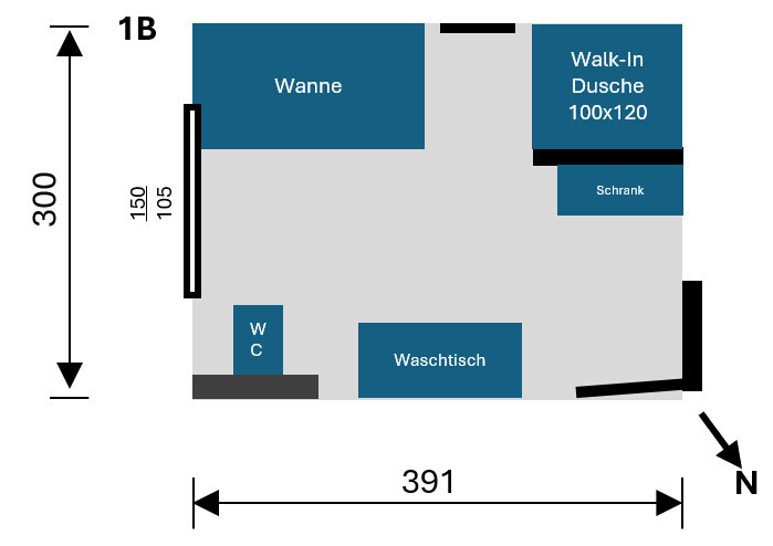Badezimmer-Layout: Wanne links, Walk-In Dusche rechts, WC links unten, Waschtisch Mitte.