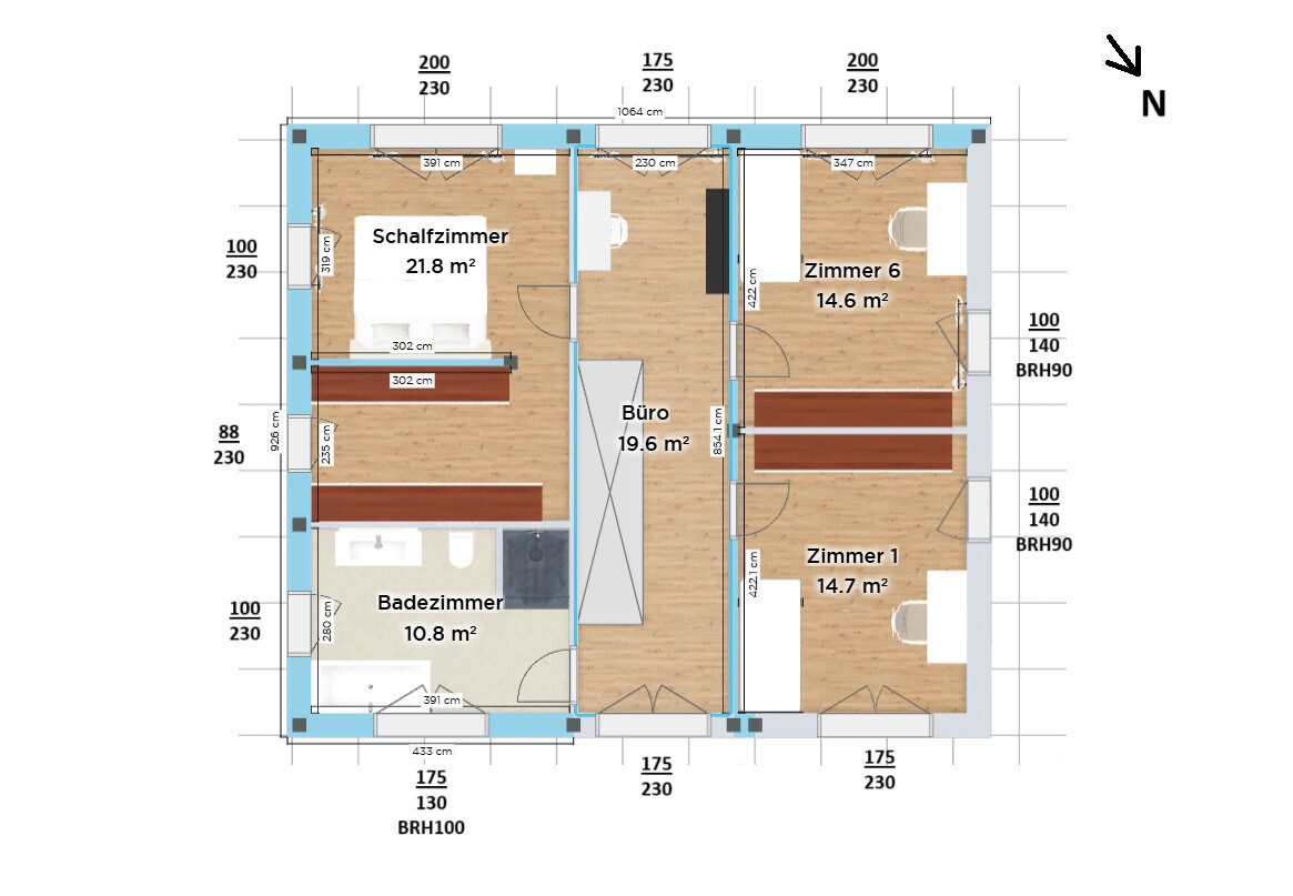 Grundriss eines Apartments: Schlafzimmer, Büro, Zimmer 1, Zimmer 6 und Badezimmer.