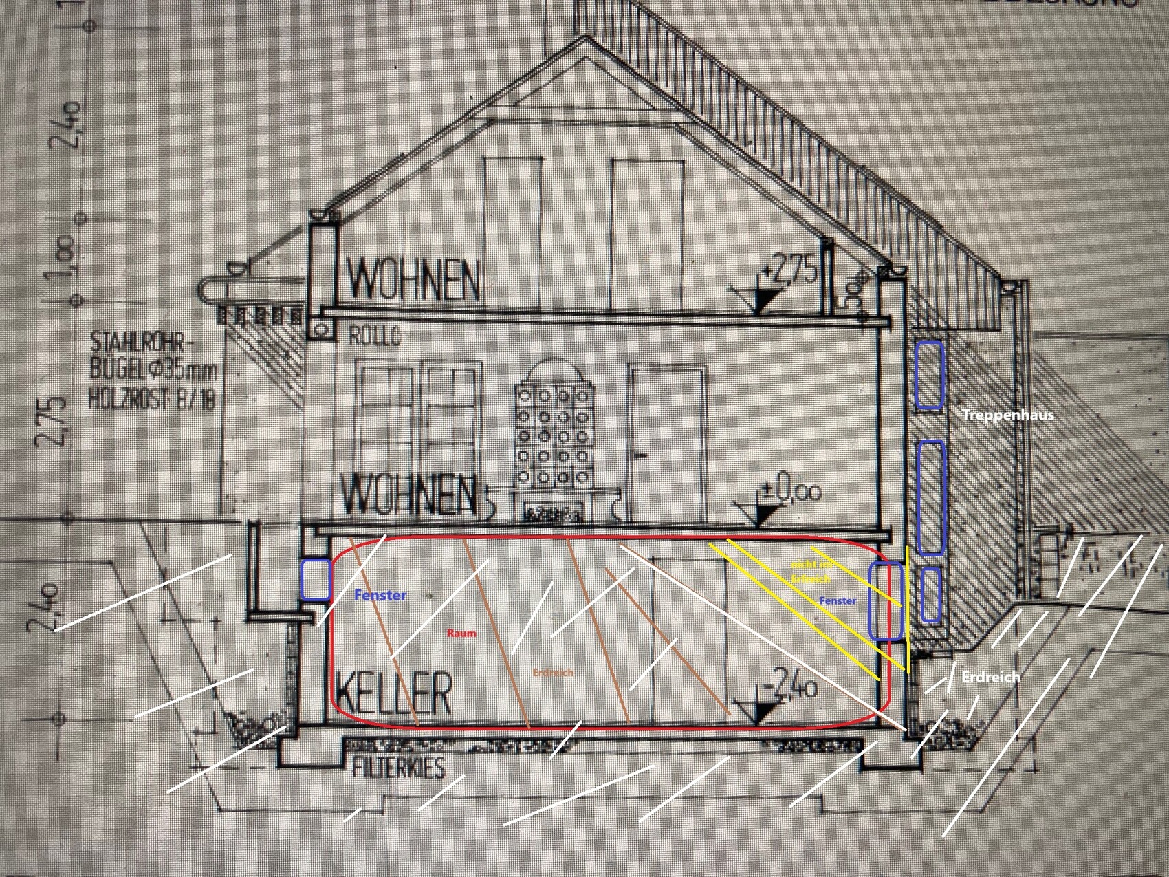 Cross-section of a residential building: basement, stairwell, soil, living spaces, windows.