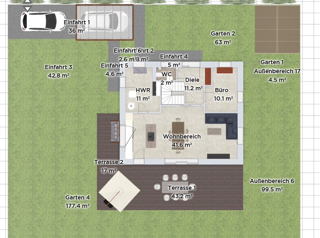 Clear floor plan of a house with garden, terraces and driveway from above