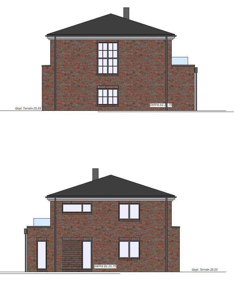 Two-story brick house with dark roof, several windows and chimney, side extensions.