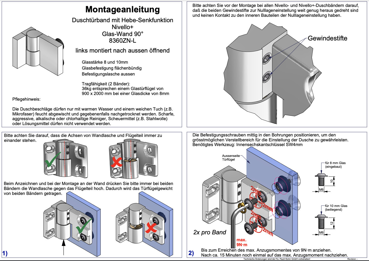 Installation manual for Nivello+ shower hinge with glass wall at 90°, several diagrams and installation steps.