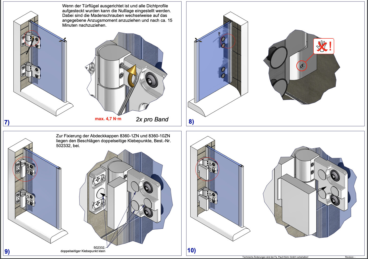 Installation manual: hinge on glass door, screws, torque 4.7 N·m, 2x per hinge.