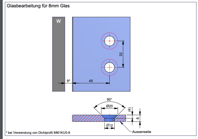 Technical drawing of an 8mm (0.31 inch) glass panel with two drill holes and dimensions.