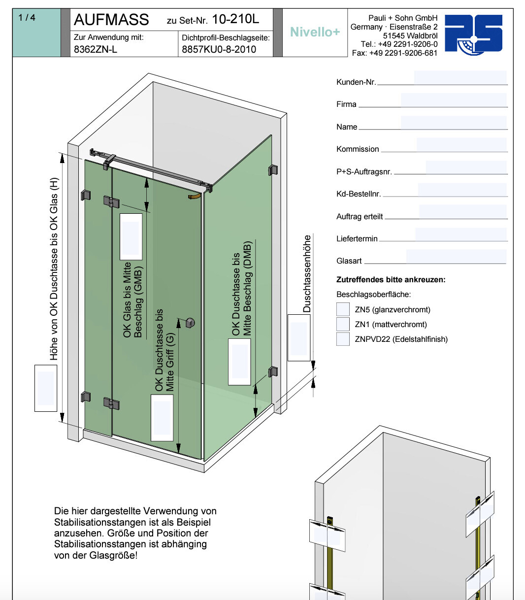 Sketch of a glass shower enclosure with door, dimensions, and customer form.