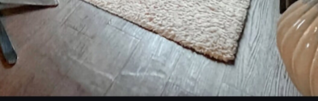 Wooden floor with beige carpet piece and furniture leg on the right edge.
