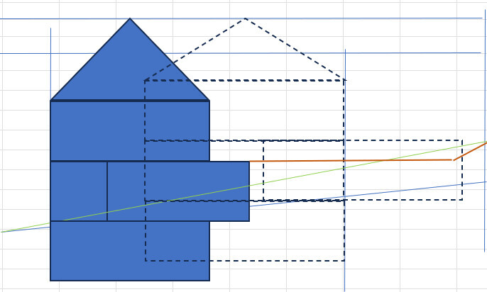 Blue house with roof, grid background and dashed guide lines.