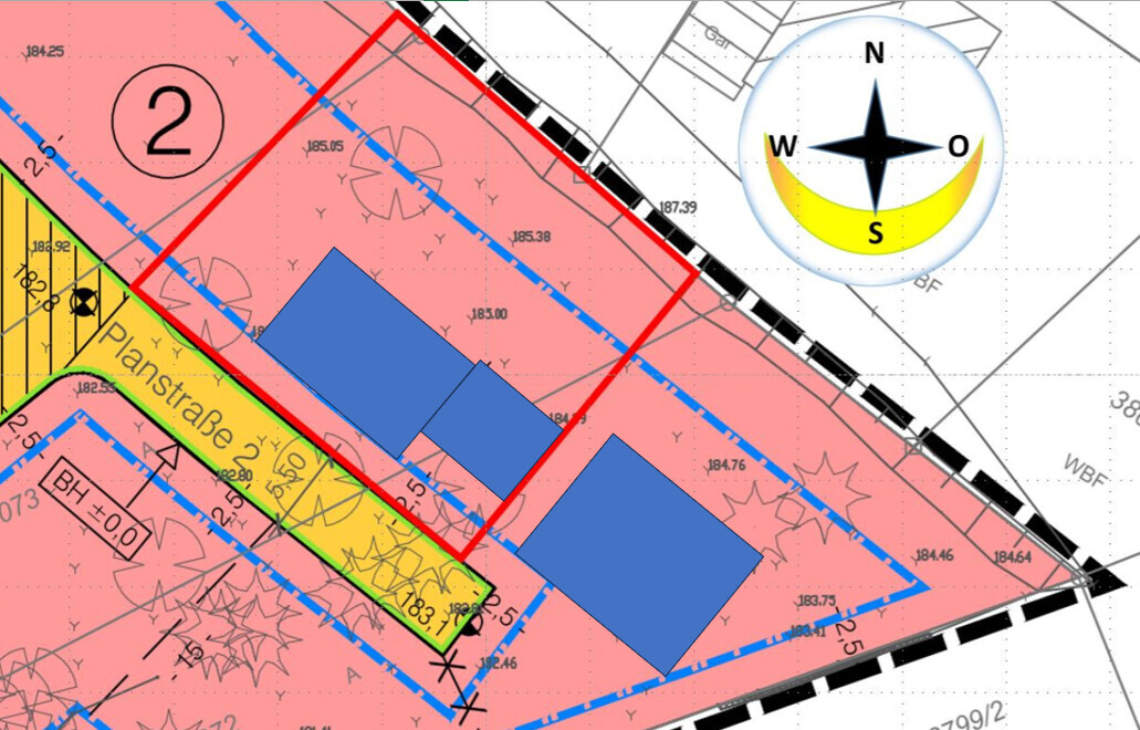 Site plan: pink zone with blue buildings, yellow strip, red outline, compass top right.
