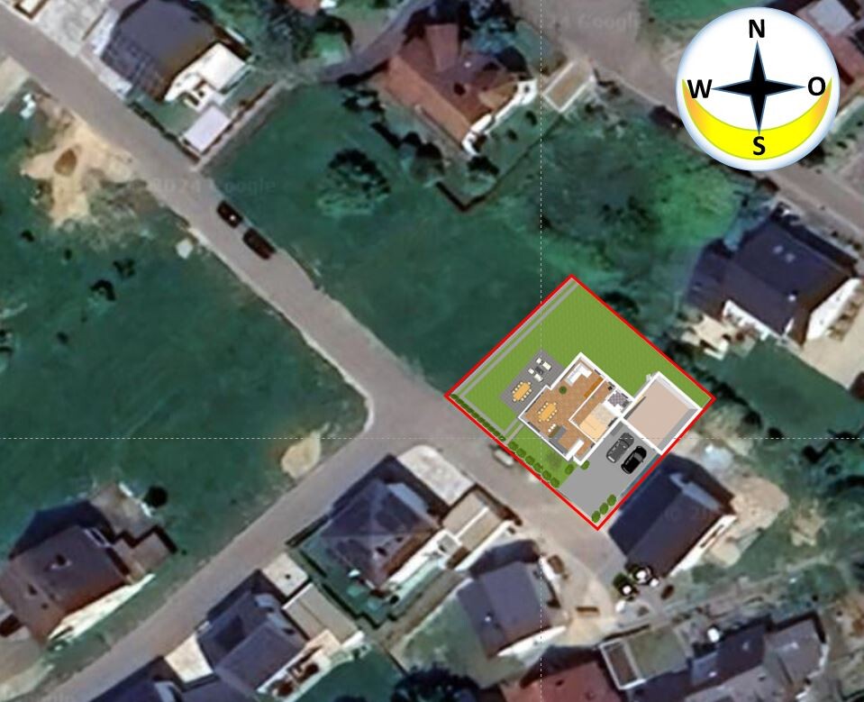 Satellite image of a residential plot with house floor plan in the garden area