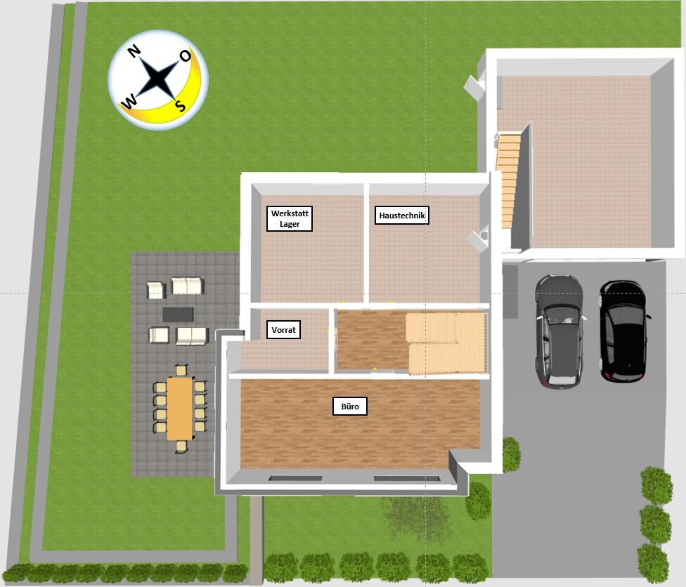 Floor plan from above: office, storage, workshop/warehouse, building services; terrace and two parking spaces.