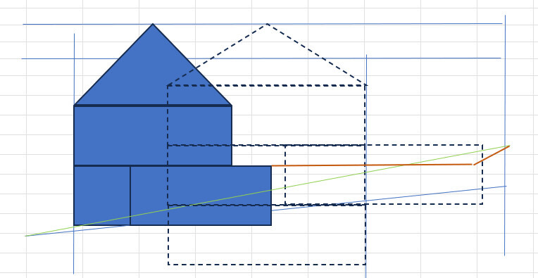 Blaues geometrisches Haus vor einem gezeichneten Bauplan mit Linien und gestrichelten Umrissen.
