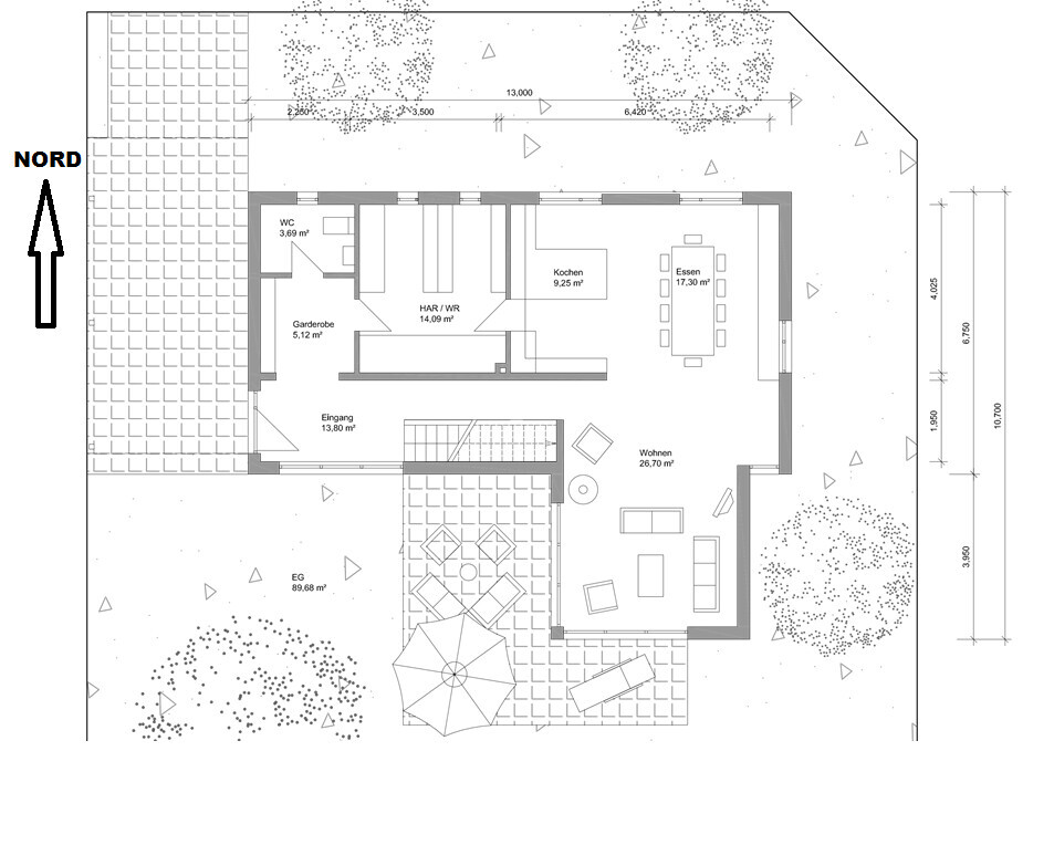 2D house floor plan with entrance, kitchen, dining, living area, bathroom, terrace, and garden
