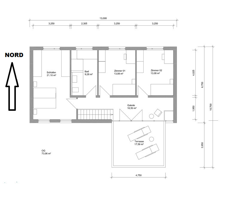 Floor plan of an upper floor with bedrooms, bathroom, gallery, and terrace