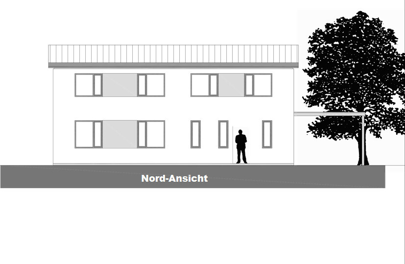 Two-story modern house from the north side with tree and human silhouette