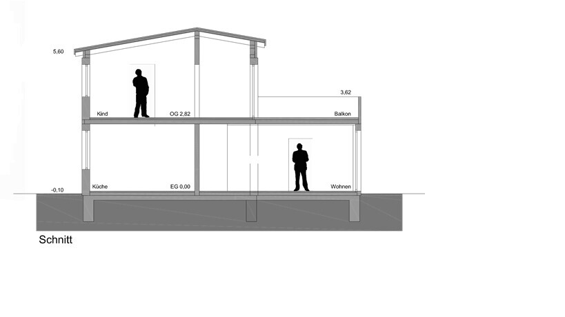 Cross-section of a two-story house with kitchen, living area, and balcony.