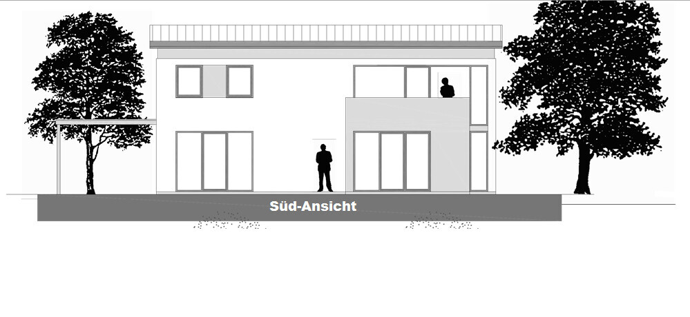 South view of a modern two-storey house with terrace and trees.