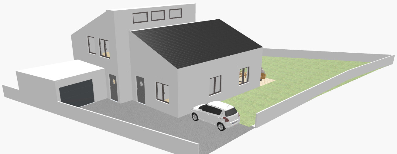 Modern, two-story villa with garage, driveway, garden, and parked car.