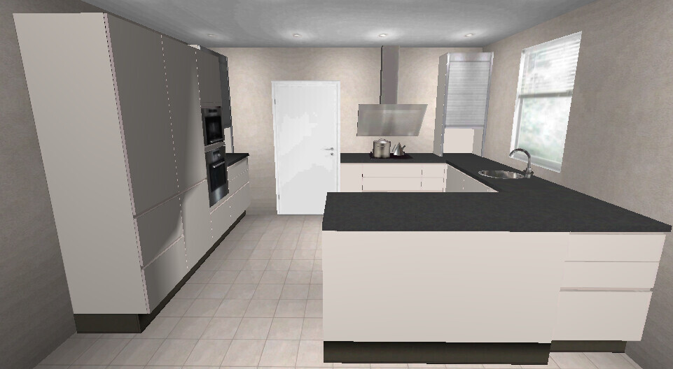Modern 3D kitchen with island, dark countertop, light cabinets and sink