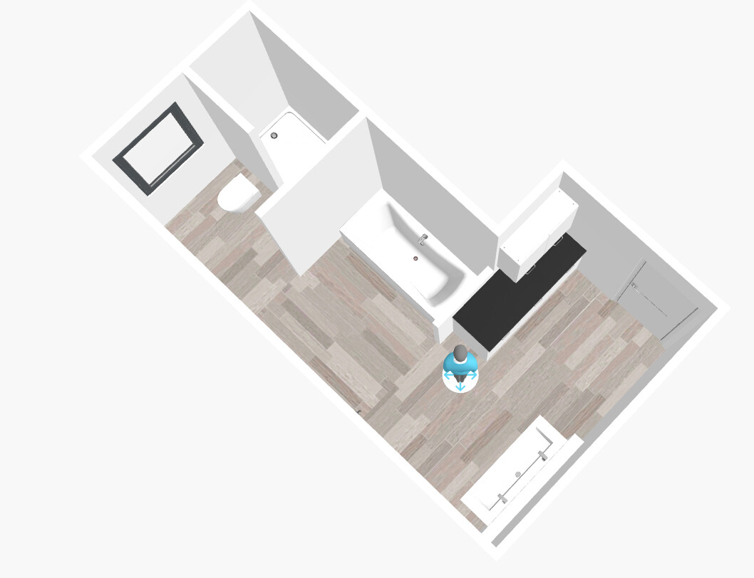Isometric 3D view of a small apartment: bathroom with toilet and bathtub, kitchenette, person.