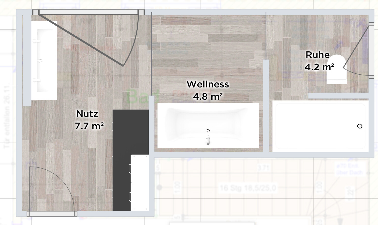 Floor plan of a wellness room with three zones: utility, wellness (with bathtub), and relaxation.