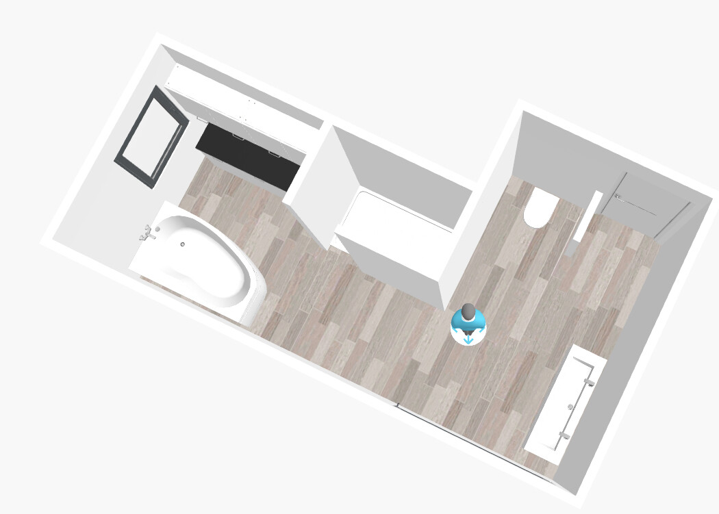 Top-down 3D floor plan of a bathroom with bathtub, sink, toilet, and door.