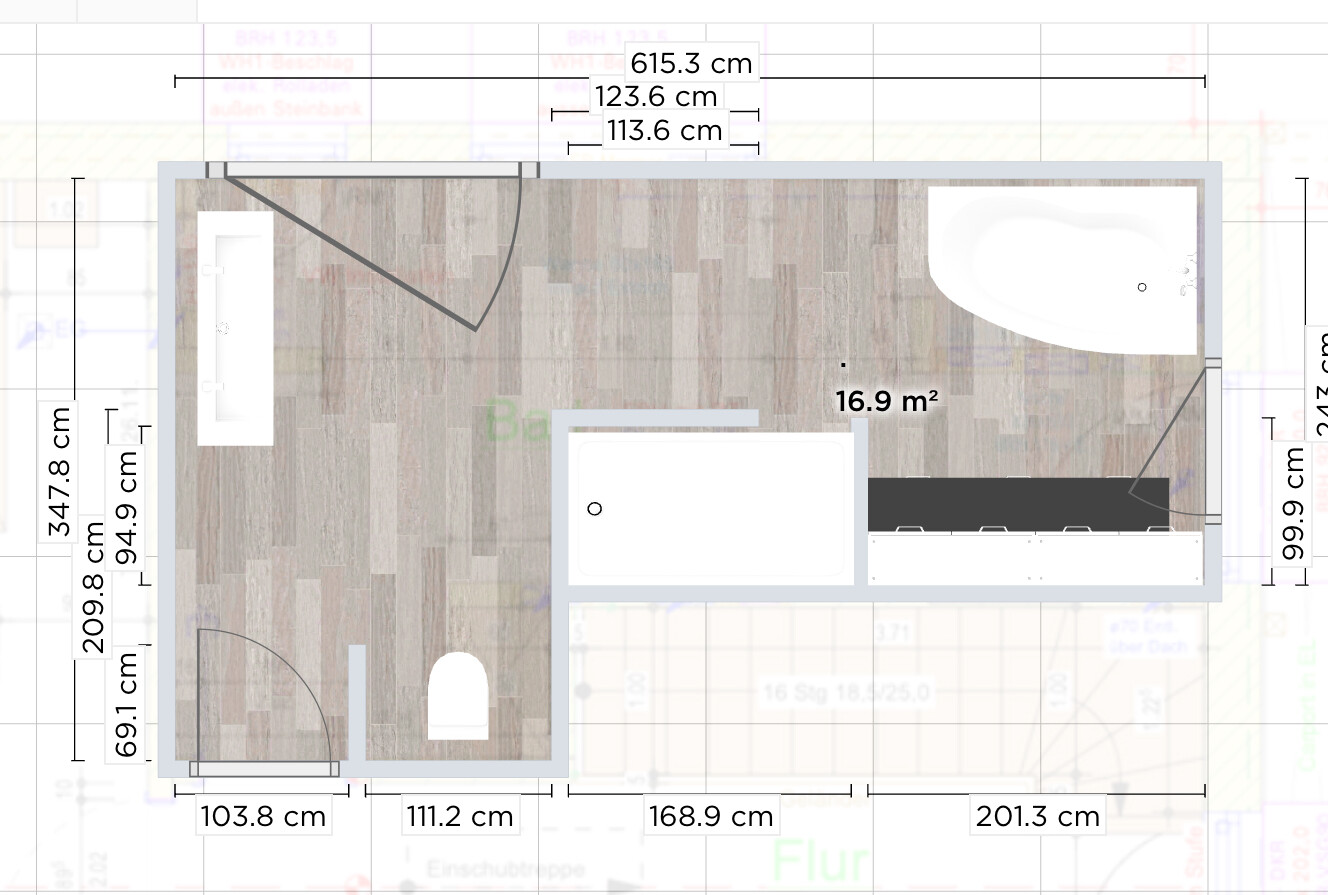 Floor plan of a bathroom with bathtub, shower, WC, and sink; dimensions and furniture placement.