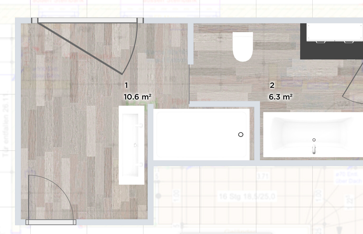Floor plan: two bathrooms; left 10.6 m² (114 sq ft) with washbasin, right 6.3 m² (68 sq ft) toilet and bathtub.