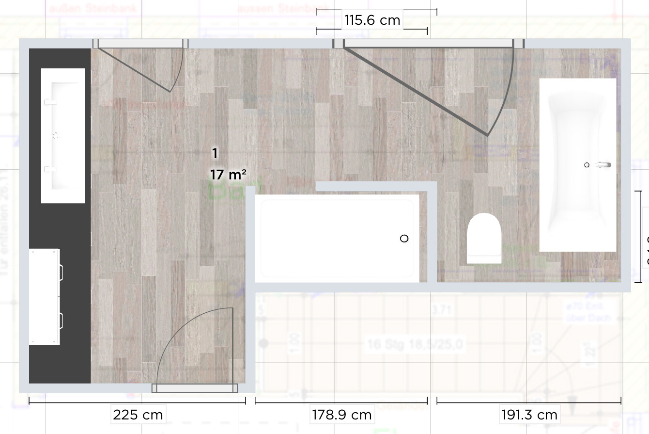 Floor plan of a bathroom: washbasin on the left, bathtub in the middle, toilet on the right, wooden floor.