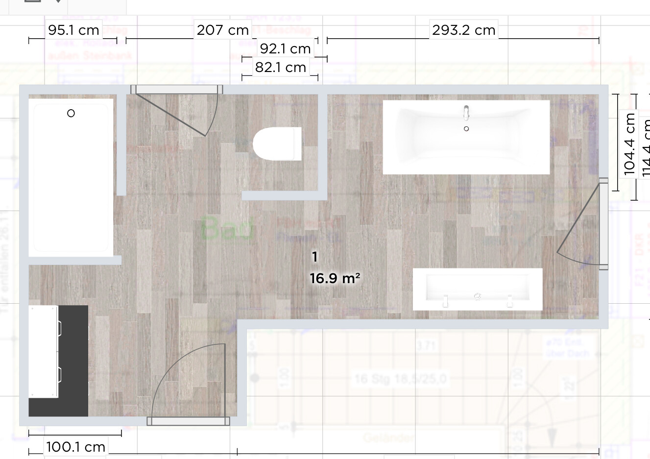 Bathroom floor plan: bathtub on the left, toilet in the middle, washbasin on the right, door.