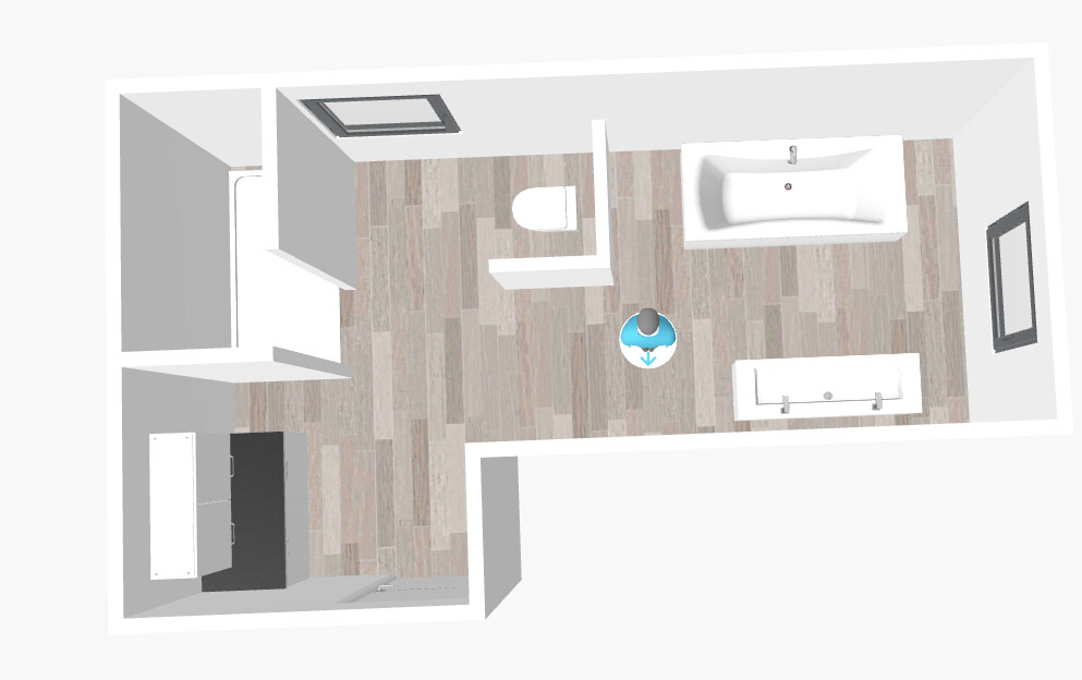3D floor plan of a bathroom with bathtub, toilet, sink, wooden floor, and person icon.