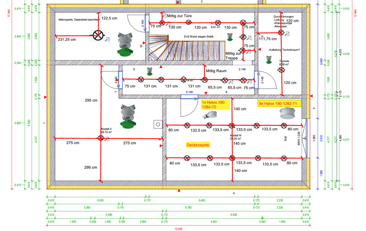Floor plan of a building: rooms, dimensions in cm, red pathways, lighting (ceiling spots), technical room.