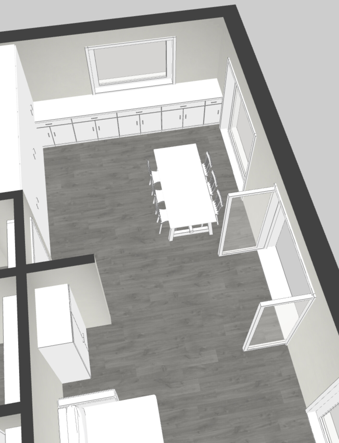 3D view of a kitchen with a long kitchen island, window, and dining table with six chairs.