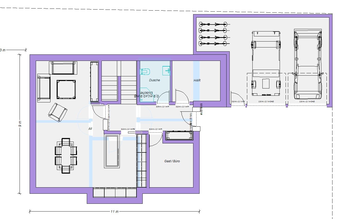 Grundriss eines Hauses: Wohnzimmer, Essbereich, Gästezimmer, Dusche, HAR, Garage.