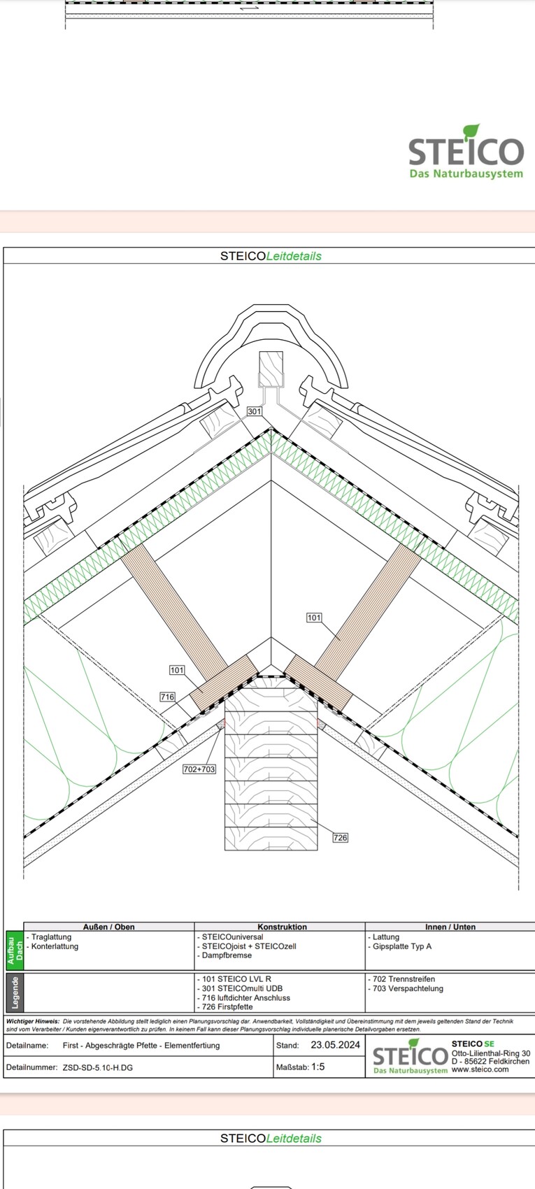 Roof detail: rafter construction with insulation and timber components (STEICO Leitdetail)