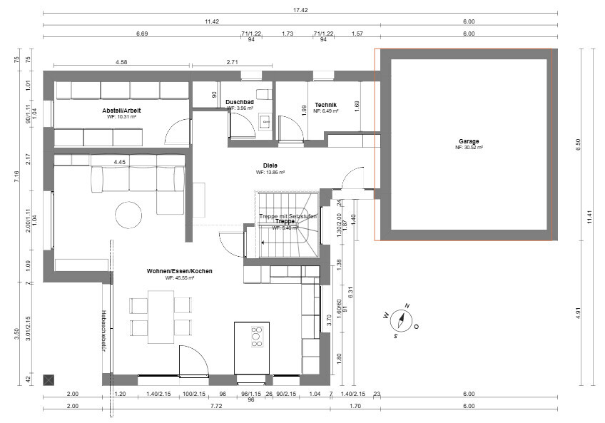 Floor plan of a house: living/dining area, kitchen, hallway, shower room, stairs, garage.