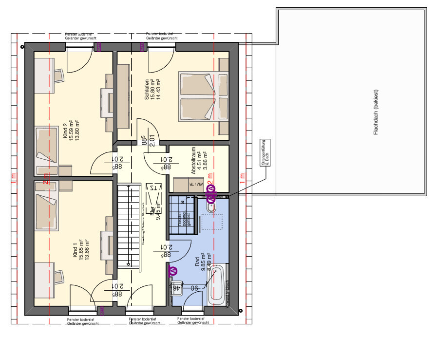 Grundriss eines Hauses mit Schlafen, zwei Kinderzimmern, Bad, Abstellraum und Flur.