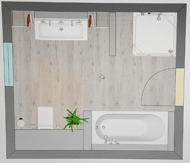 Badezimmer-Layout von oben: Waschbecken oben, Toilette unten links, Badewanne unten rechts, Pflanze.
