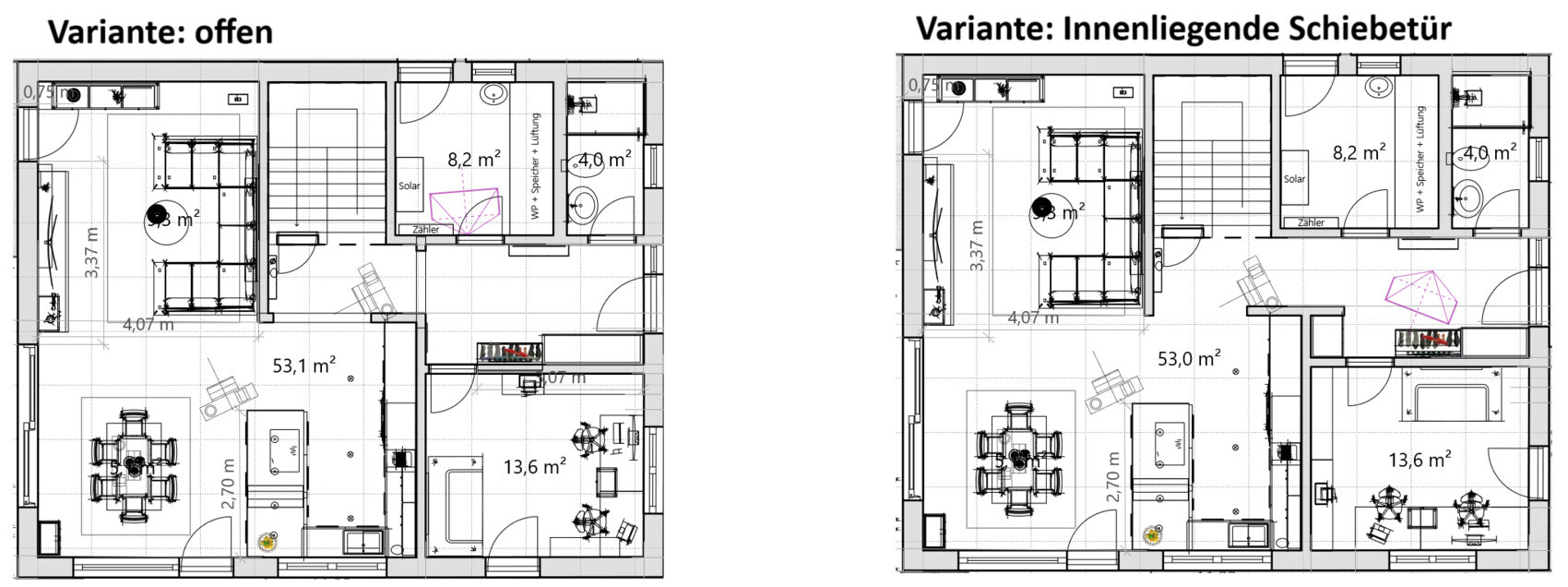 Two floor plans side by side: open plan variant and internal sliding door.